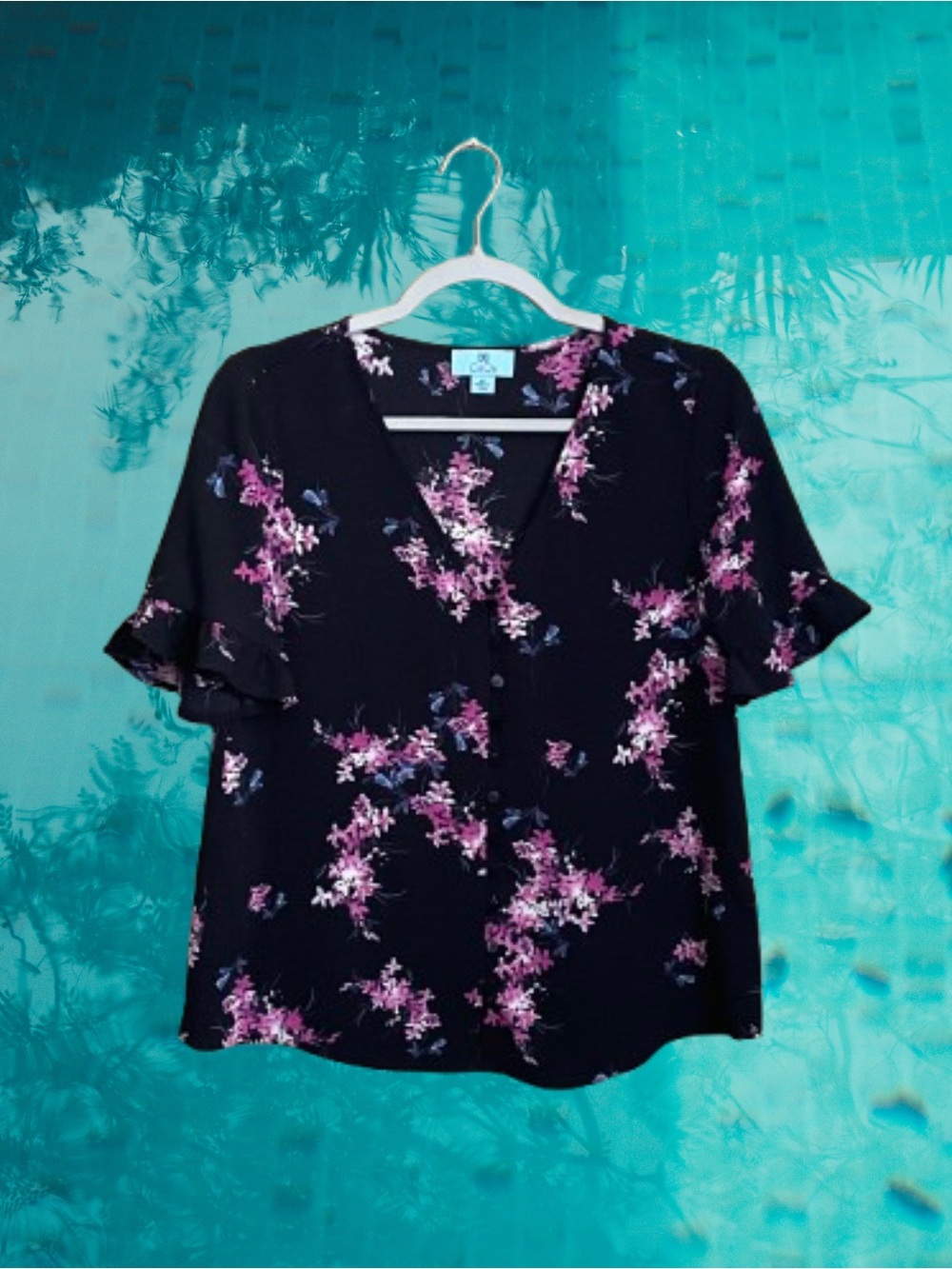 Romantic black CeCe floral button front top ruffled sleeves whimsigoth sz XS